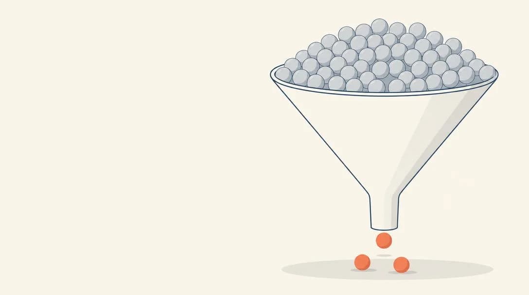 Editorial illustration: a wide funnel drawn in thin clean lines, filled at the top with many small identical circles, with only two or three circles falling out of the narrow bottom onto a surface.