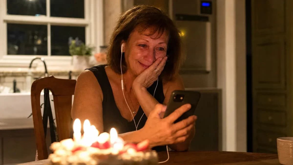 Женщина с праздничным тортом слушает музыкальную открытку на телефоне
